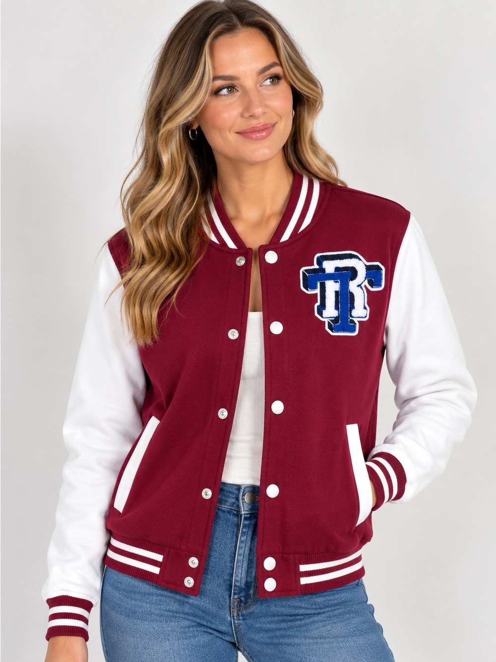 True Religion Varsity Jacket Burgundy White Blue Embroidered Logo Women’s L